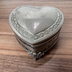 Silver Tone Heart Shaped Ornate‎ Footed Blue Velvet Lined Trinket Jewelry Box